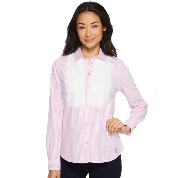 U.S. Polo Assn. Pink Pinstripe Lace Button Down Shirt M - Picture 1 of 12